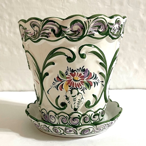 Vintage RCCL Portugal Hand Painted Floral Ceramic Green On White Flower Pot - Picture 2 of 12